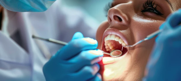 Mulher com a boca aberta no dentista