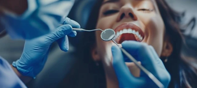 Mulher com a boca aberta no dentista