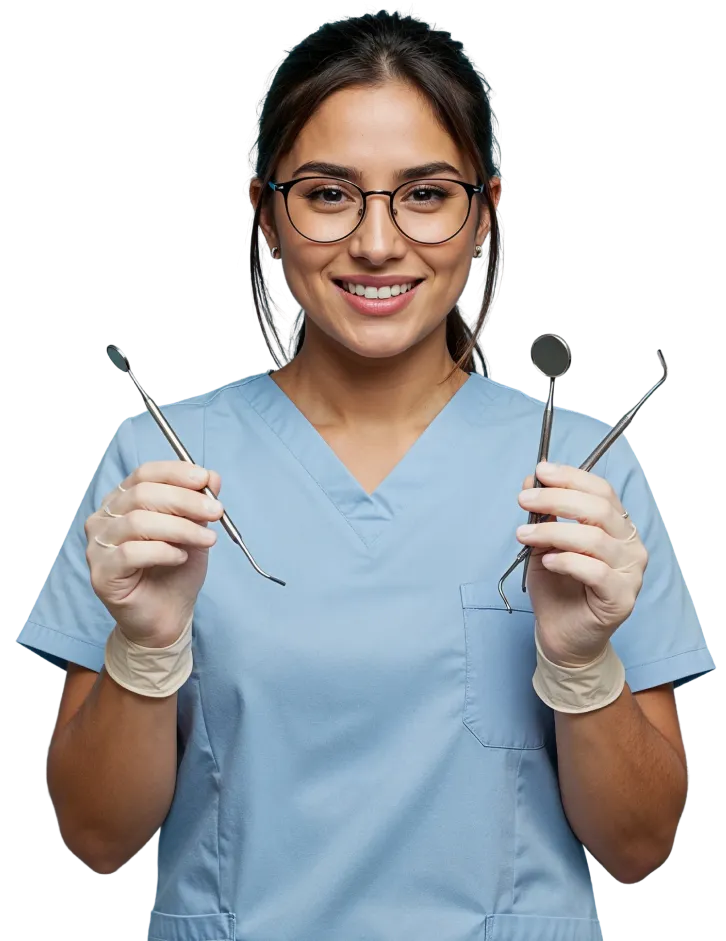 Mulher segurando instrumentos odontológicos